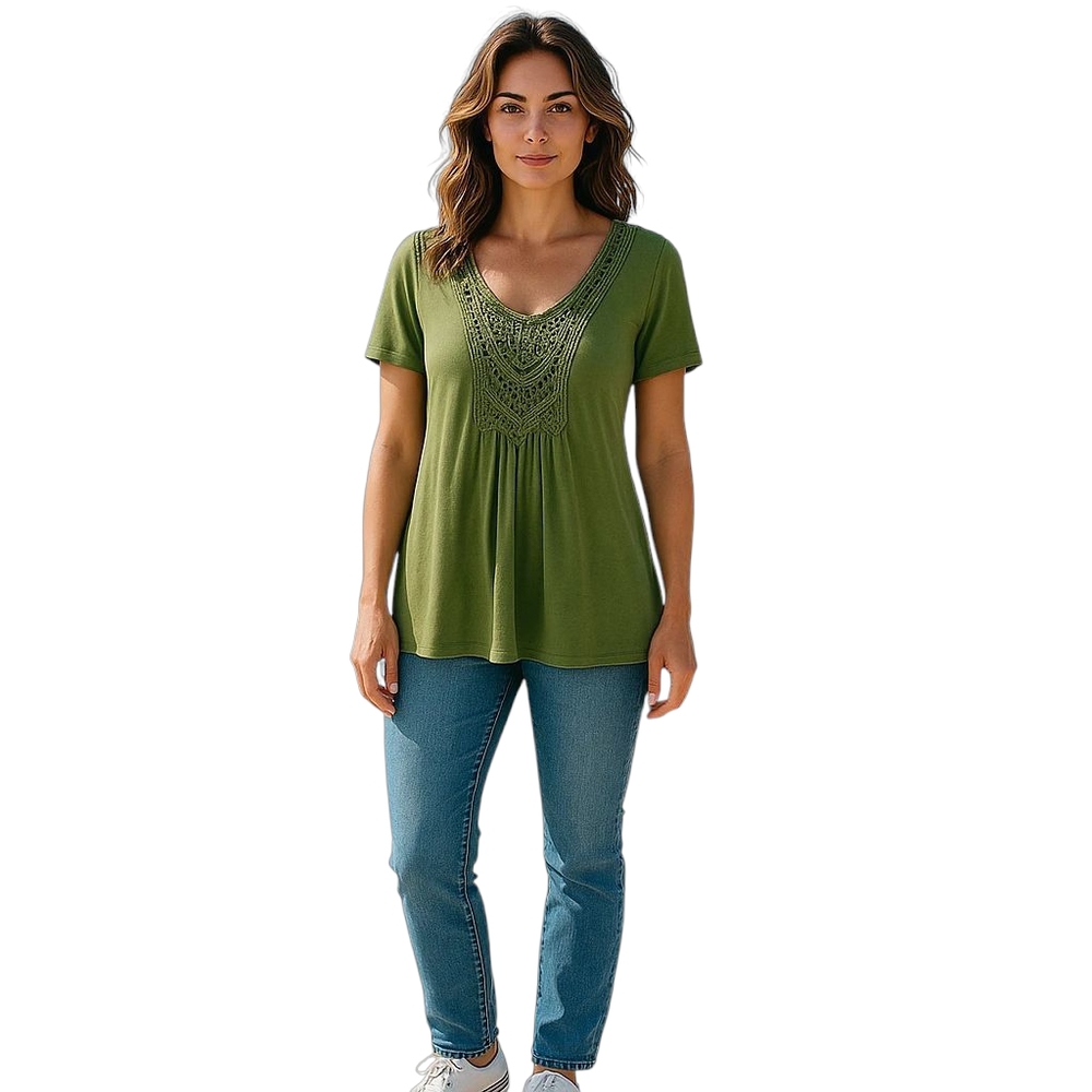Unbranded Crochet Trim Tee Women XL Olive Green Short Sleeve Shirt